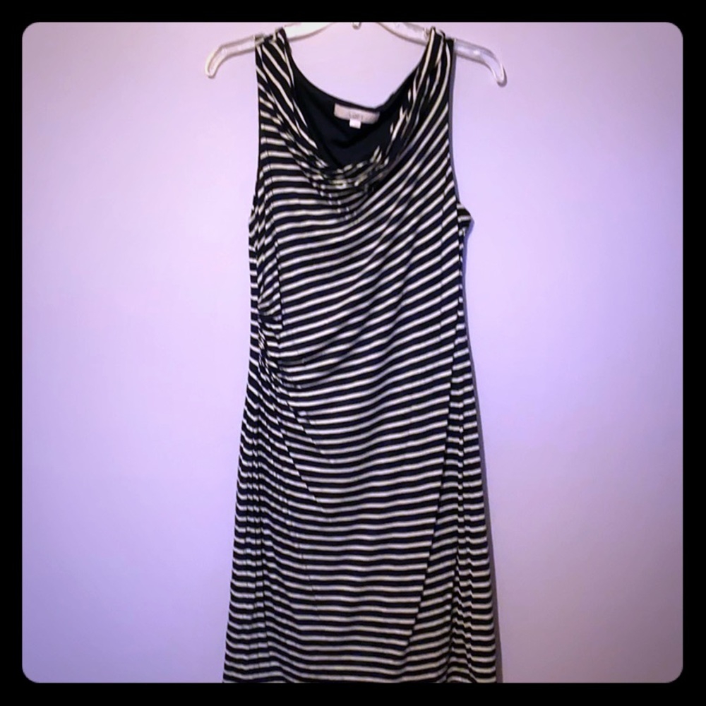 Loft ruched navy striped dress